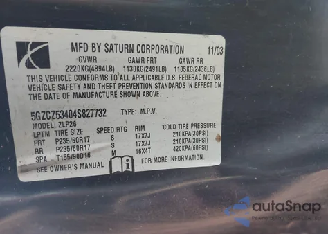 2004 Saturn Vue V6 z USA, uszkodzony, nr VIN 5GZCZ53404S827732